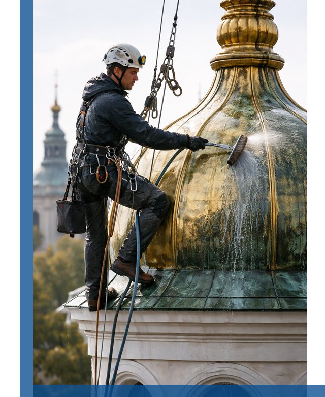Профессиональная мойка куполов и шпилей высотными альпинистами в Шумерле