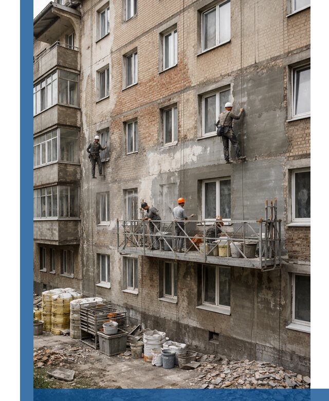 Капитальный ремонт фасада в Шумерле с восстановлением и гидроизоляцией