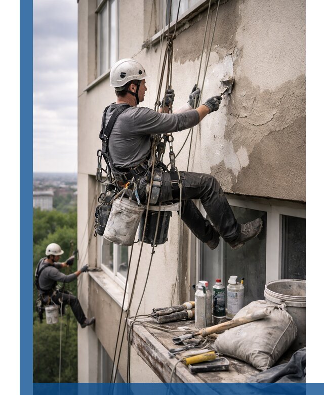 Косметический ремонт фасада зданий в Шумерле промышленными альпинистами
