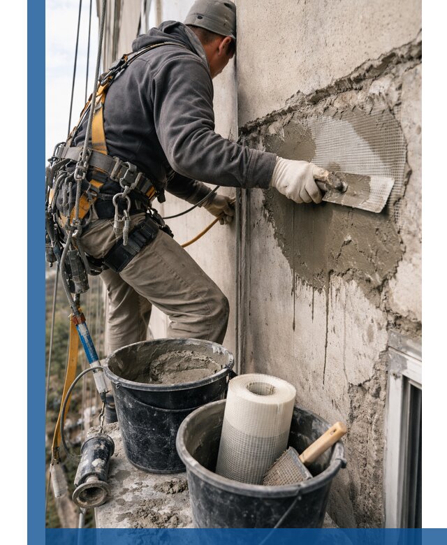 Ремонт бетонных элементов фасада промышленными альпинистами в Шумерле