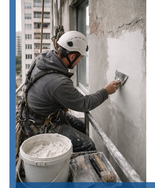 Шпаклевка фасадов на высоте с промальпинистами в Шумерле