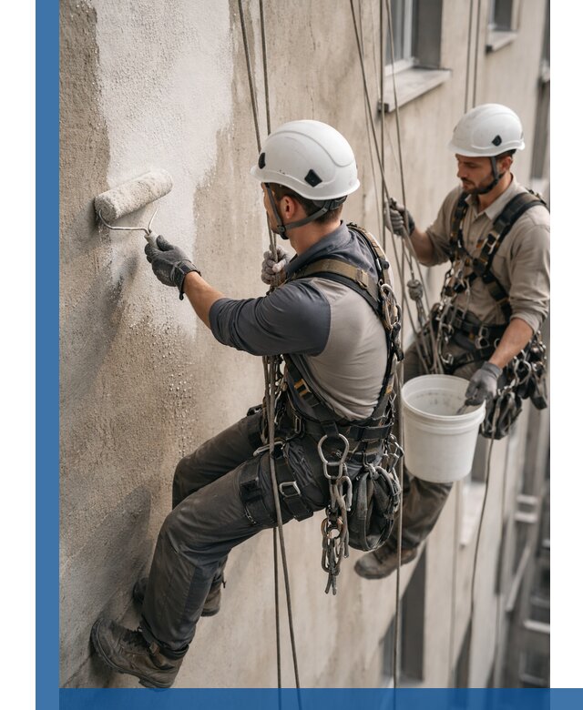 Грунтовка фасада на высоте в Шумерле промышленными альпинистами