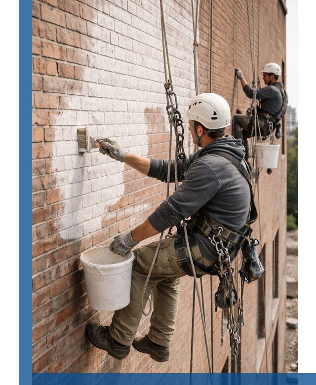 Покраска кирпичного фасада с доступным альпинистским сервисом в Шумерле