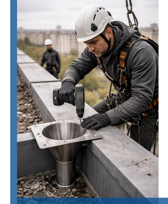 Монтаж водосточных воронок в Шумерле для промышленных зданий