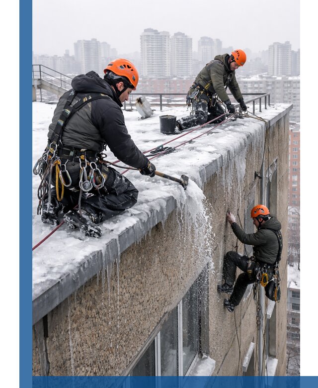 Удаление наледи с кровли в Шумерле промышленными альпинистами