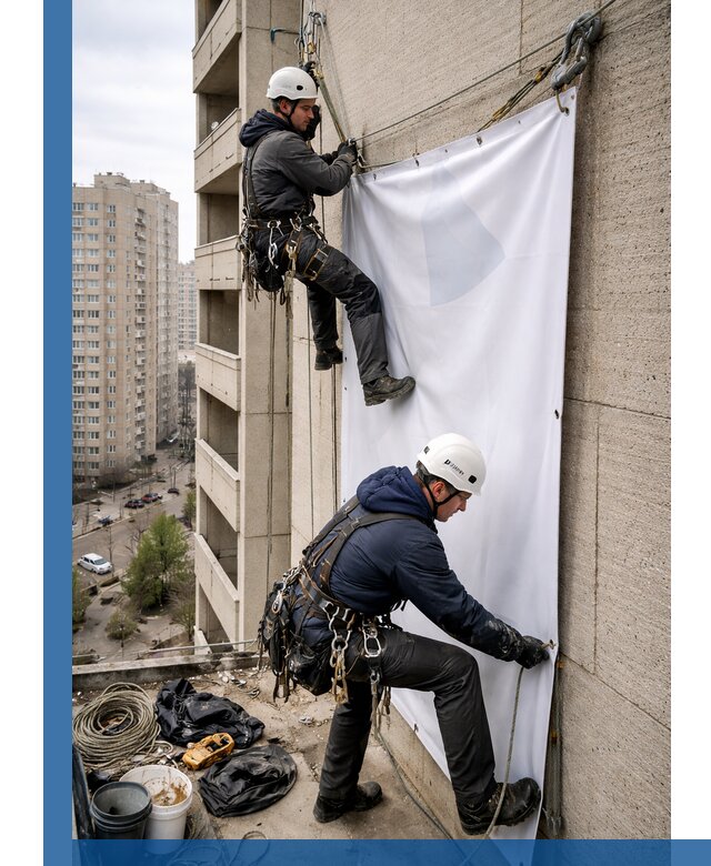 Профессиональный монтаж баннеров на фасаде в Шумерле