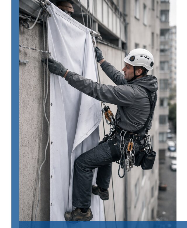 Замена баннерного полотна промышленными альпинистами в Шумерле