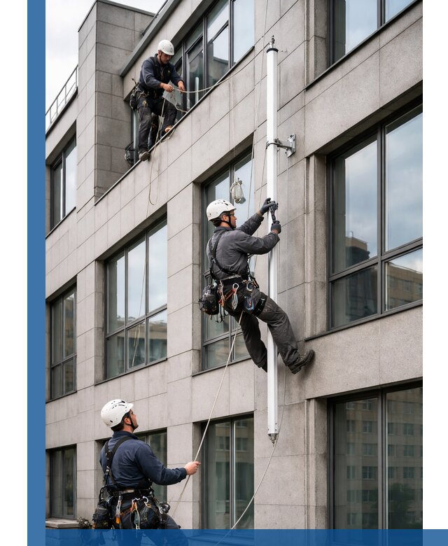 Монтаж флагштока на фасаде здания с креплением и герметикой в Шумерле