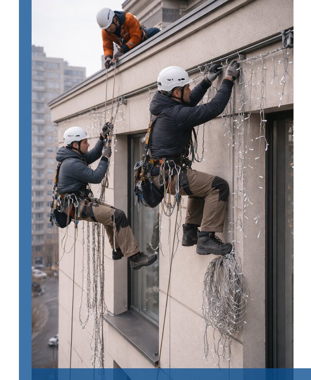 Монтаж праздничных гирлянд на фасаде в Шумерле для зданий