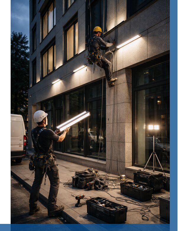 Монтаж архитектурной подсветки здания в Шумерле от 2716 р.|ВЫСОТНИК-Шмр