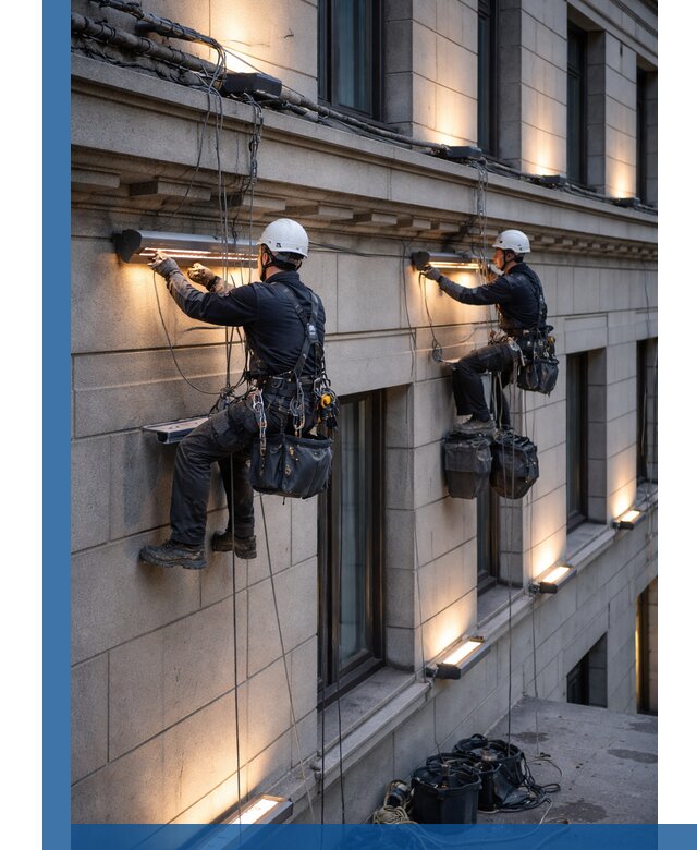 Монтаж архитектурной подсветки фасадов зданий в Шумерле