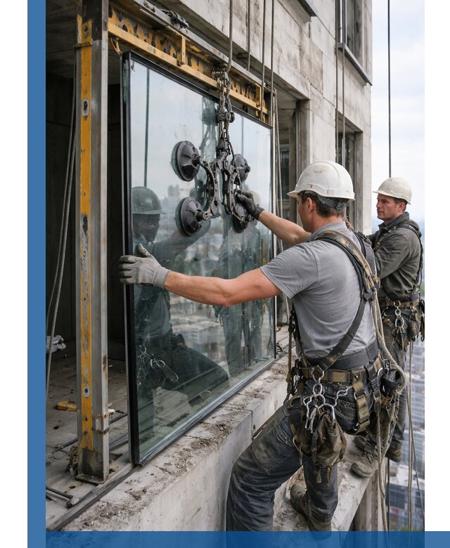 Монтаж стеклопакетов на высоте в Шумерле с промышленным альпинизмом