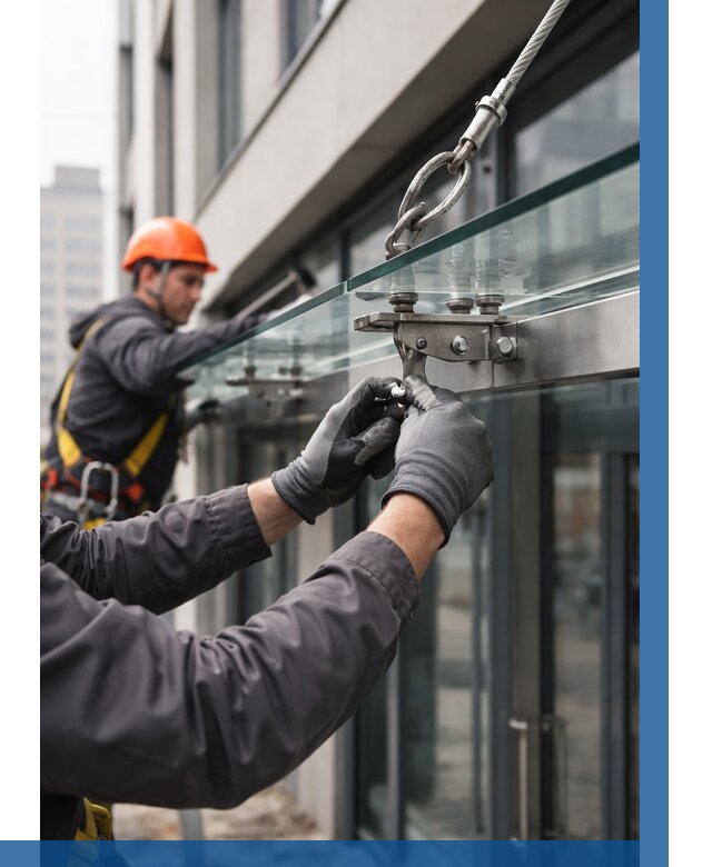 Монтаж стеклянных козырьков в Шумерле от 9234 р. | ВЫСОТНИК-Шмр