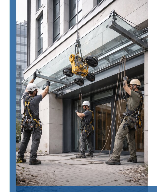 Монтаж стеклянных козырьков под ключ в Шумерле для зданий