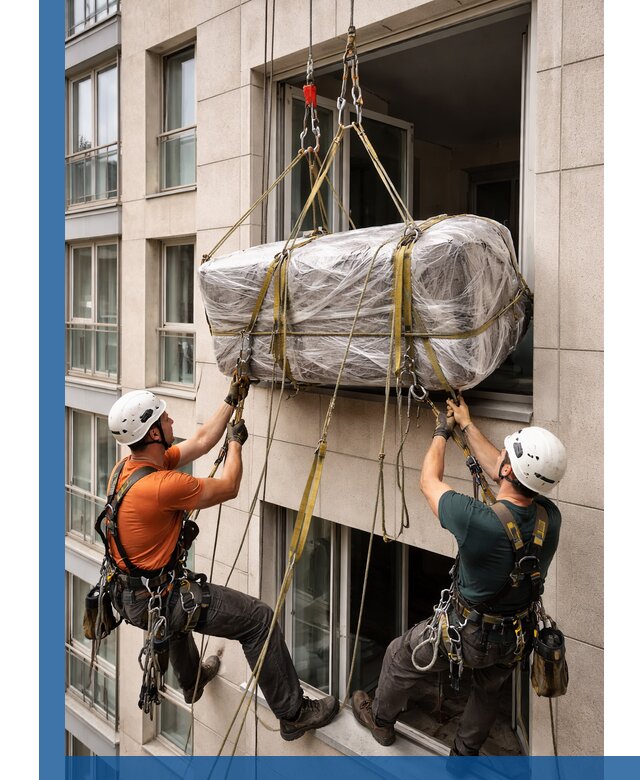 Подъем грузов через окно в Шумерле промышленными альпинистами