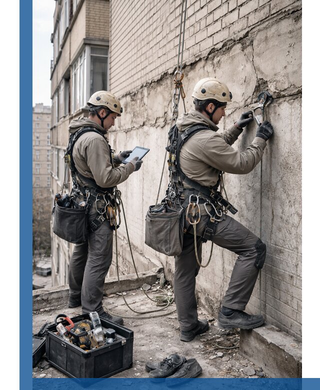 Обследование фасада промышленными альпинистами в Шумерле